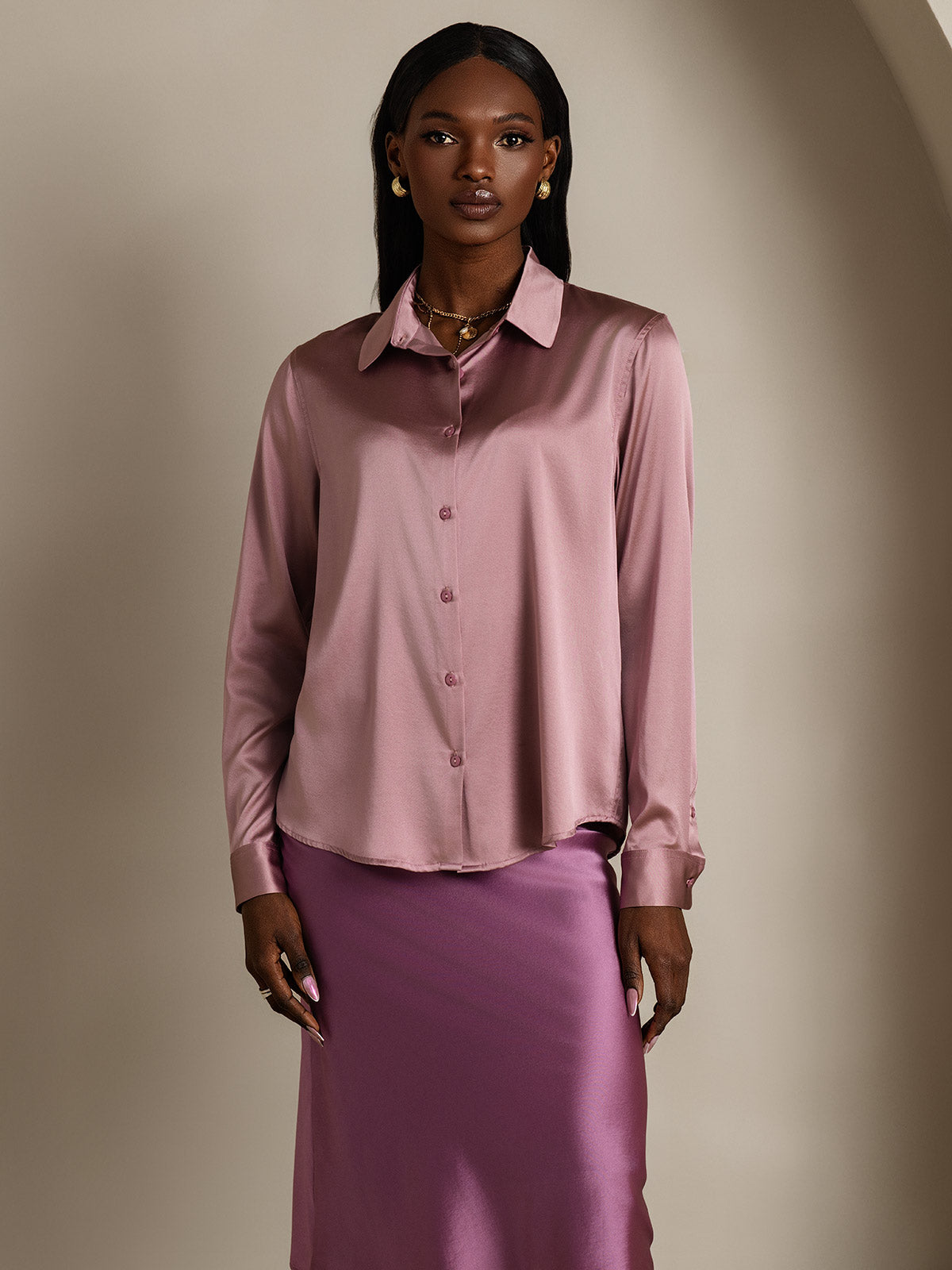 SilkSilky-CA Silk Long Sleeve Collar Women's Shirt PaleMauve 006