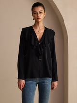 [Black] SilkSilky-CA Long Sleeve Deep V Neck Women's Blouse 003
