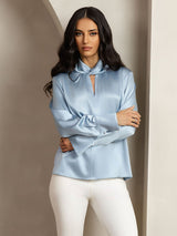 [Grayish Blue] SilkSilky-CA 19Momme Silk Keyhole Neck Women's Shirt 006