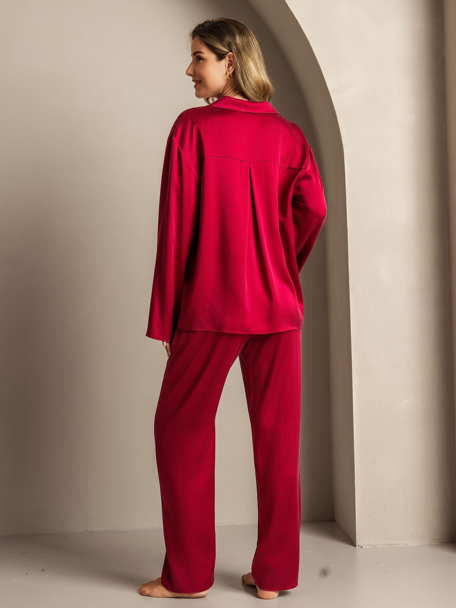 [Wine] SilkSilky-CA 19Momme Machine-Washable Silk Long Sleeve Notch Collar Women's Pajamas 002