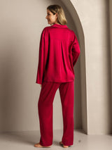 [Wine] SilkSilky-CA 19Momme Machine-Washable Silk Long Sleeve Notch Collar Women's Pajamas 002