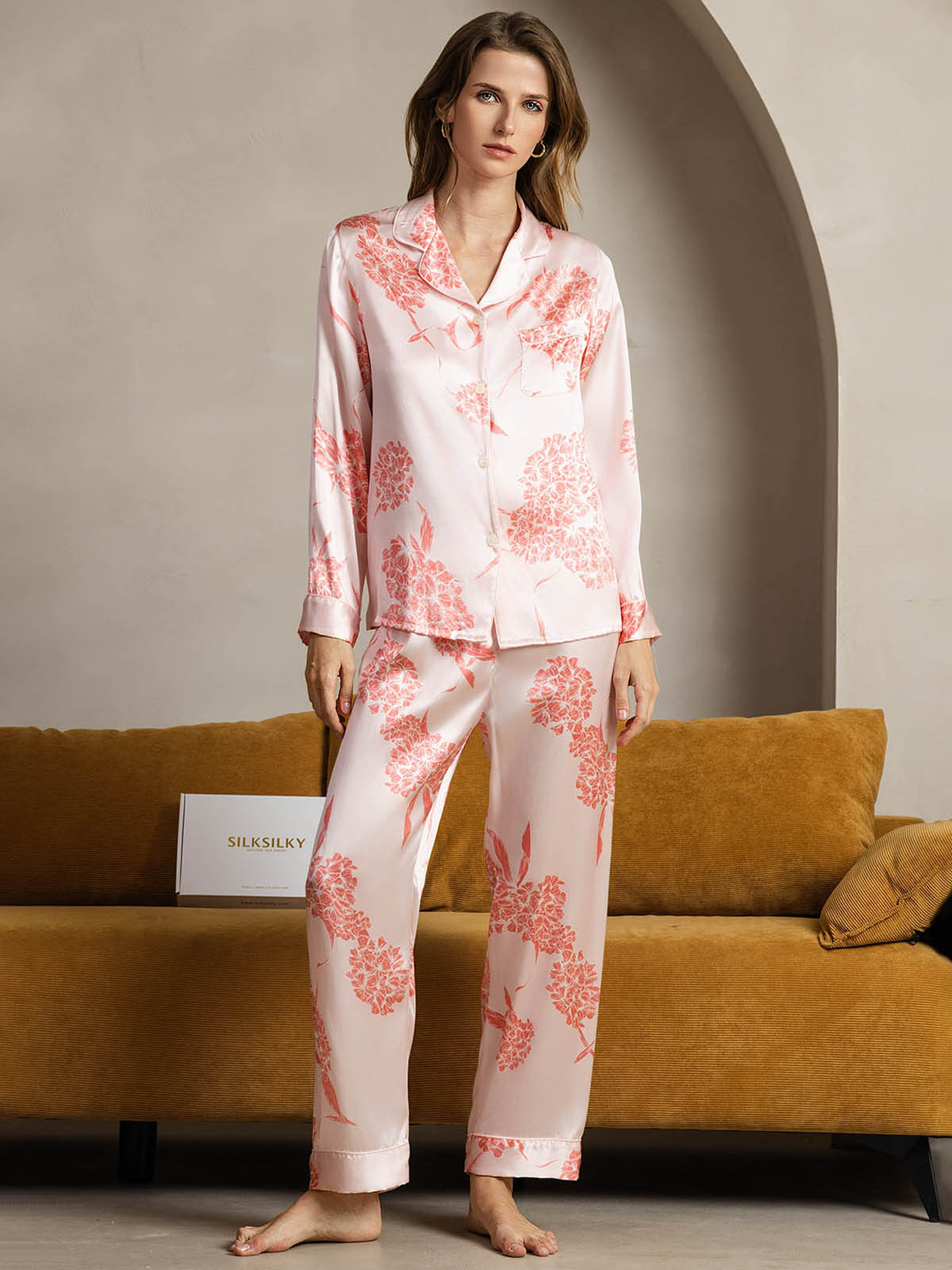 [Coral Floral] SilkSilky-CA Pure Silk Womens Pajamas 001