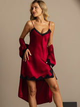 [Wine] SilkSilky-CA Half Sleeve V Neck Nightgown&Robe Set 007