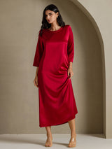 [Wine] SilkSilky-CA 3/4 Sleeve Round Neck Dress 005