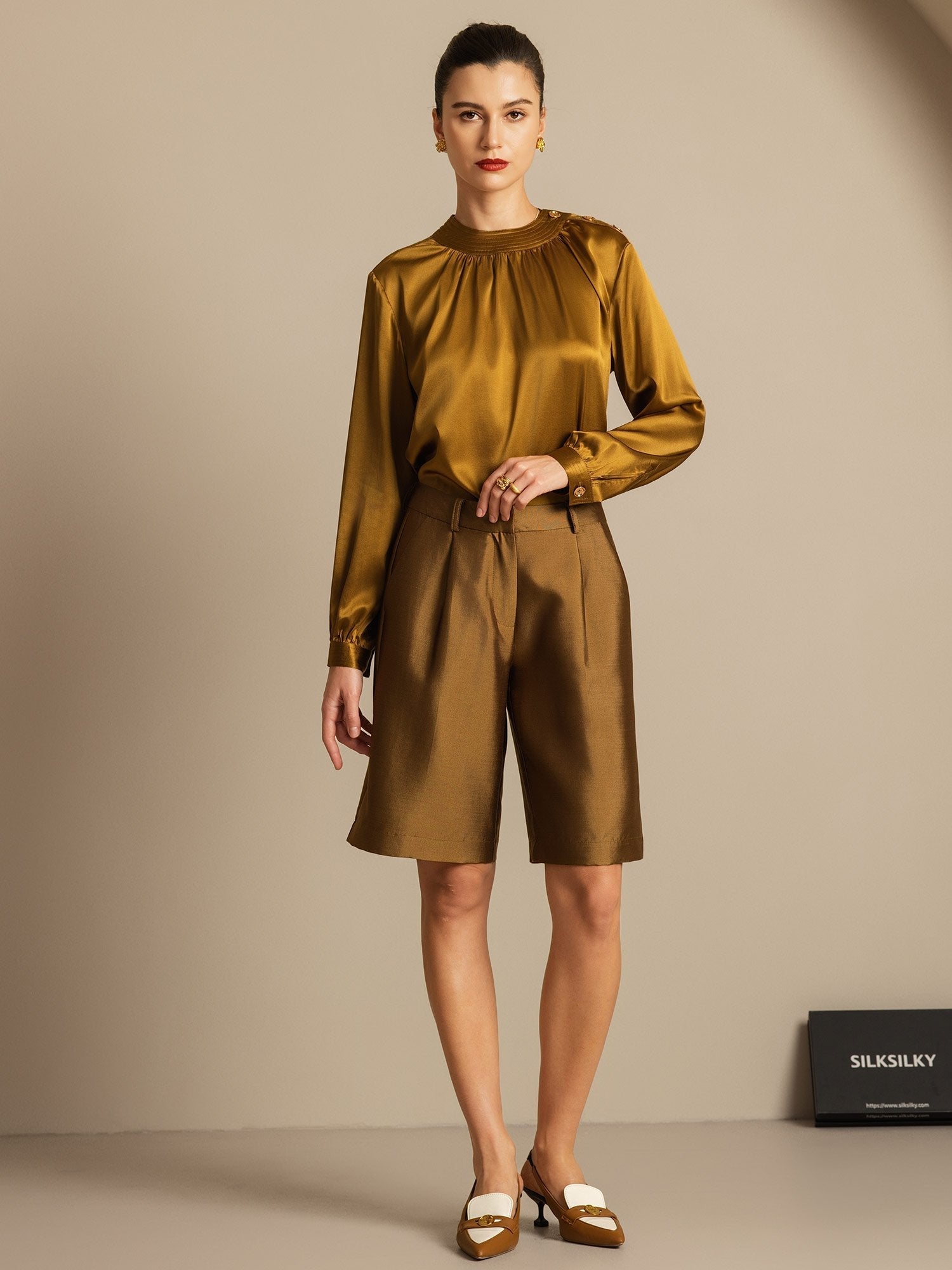 [Bronze] SilkSilky-CA 32Momme Silk-Wool Blend Womens Shorts 007,