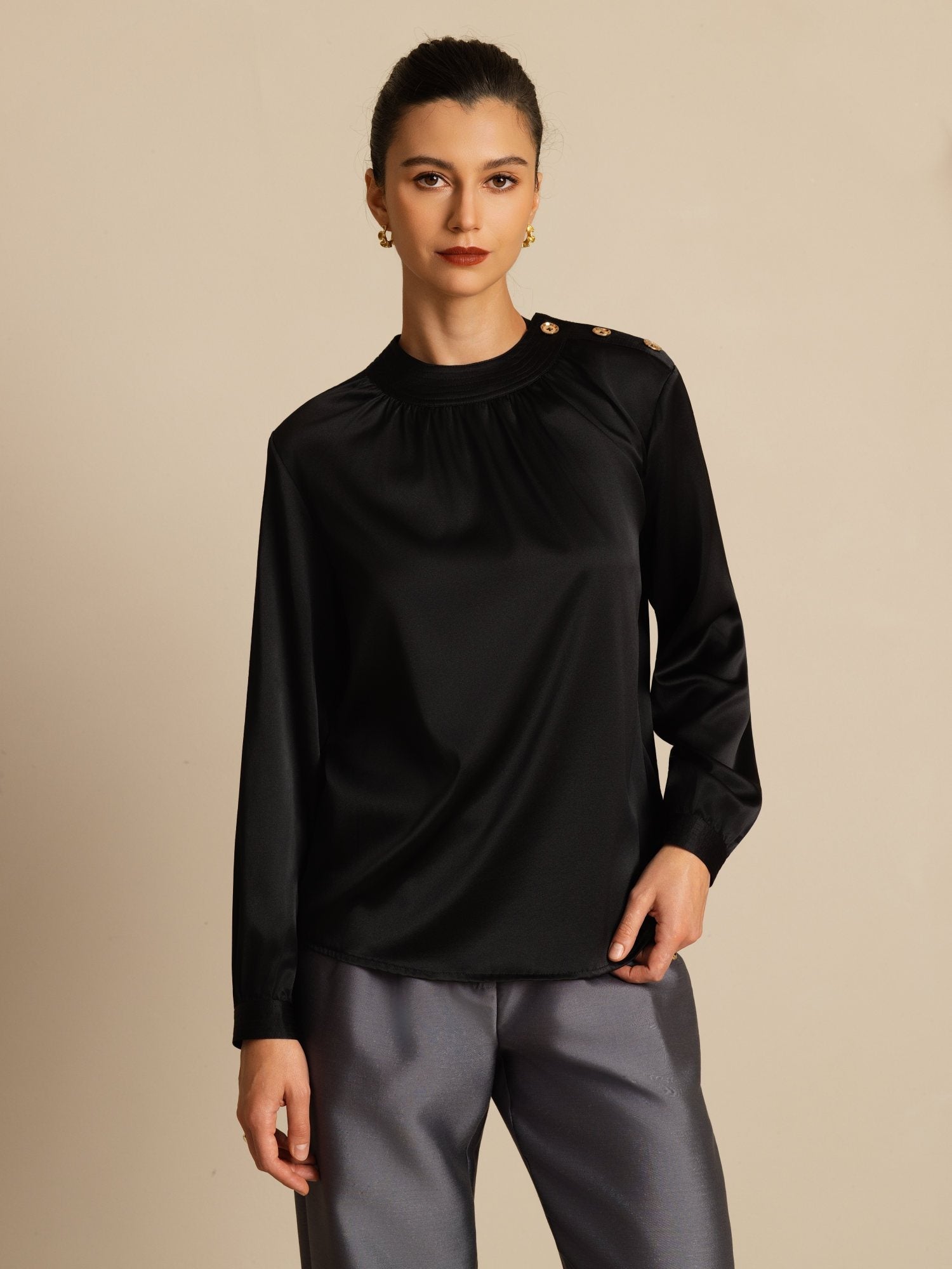 [Black] SilkSilky-CA 19Momme Stretch Silk Charmeuse Long Sleeve Round Neck Blouse 003