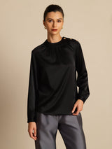 [Black] SilkSilky-CA 19Momme Stretch Silk Charmeuse Long Sleeve Round Neck Blouse 003