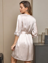 [Beige] SilkSilky-CA Pure Silk Half Sleeve Nightgown&Robe Set 002