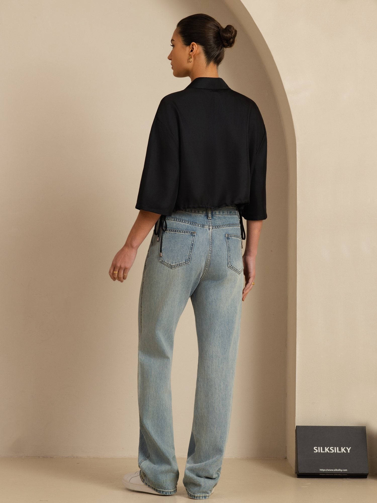 [Black] SilkSilky-CA 18Momme Silk Satin Surah Half Sleeve Lapel Collar Blouse 002