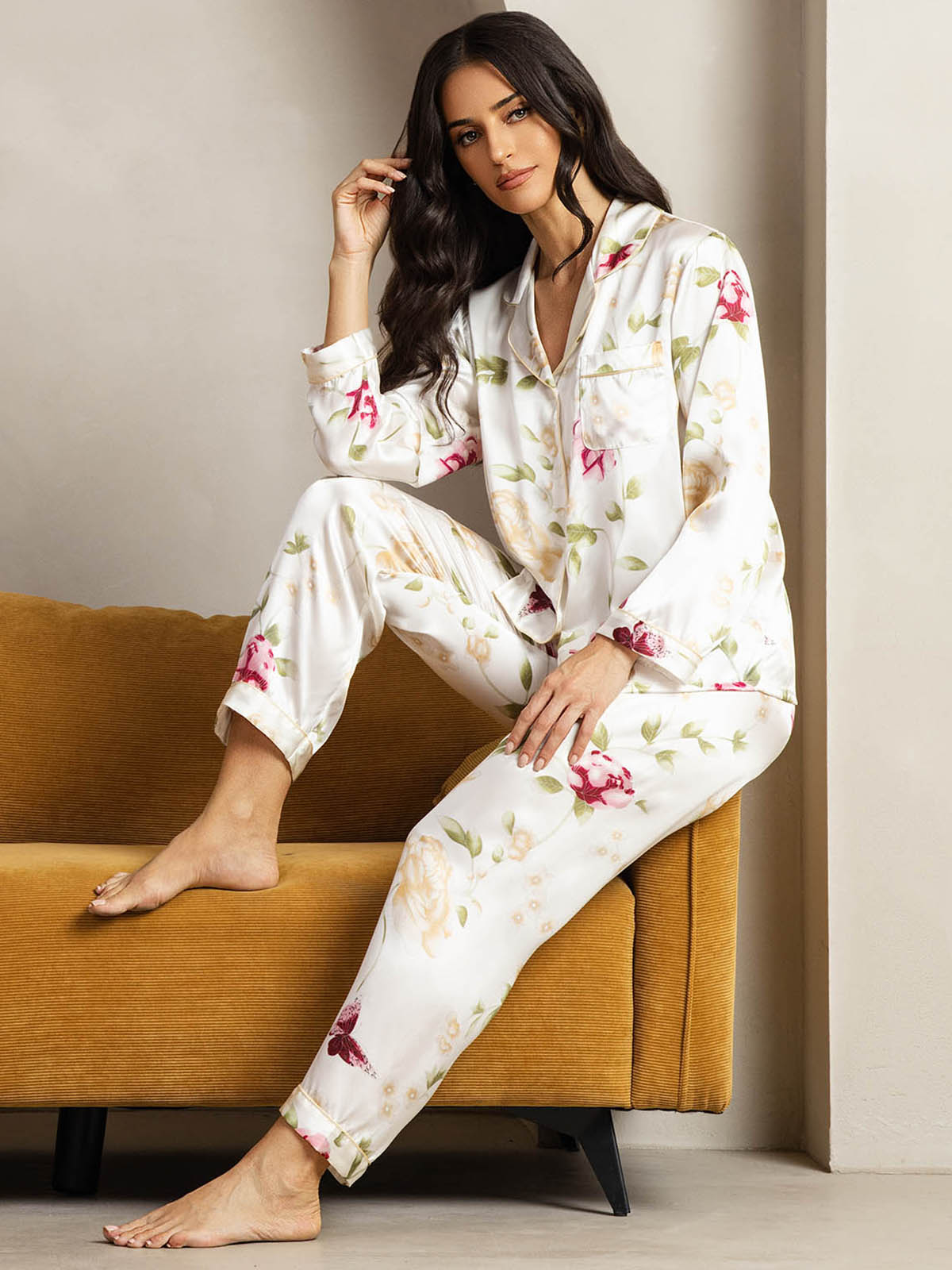[Ivory Floral] SilkSilky-CA Pure Silk Womens Pajamas 005