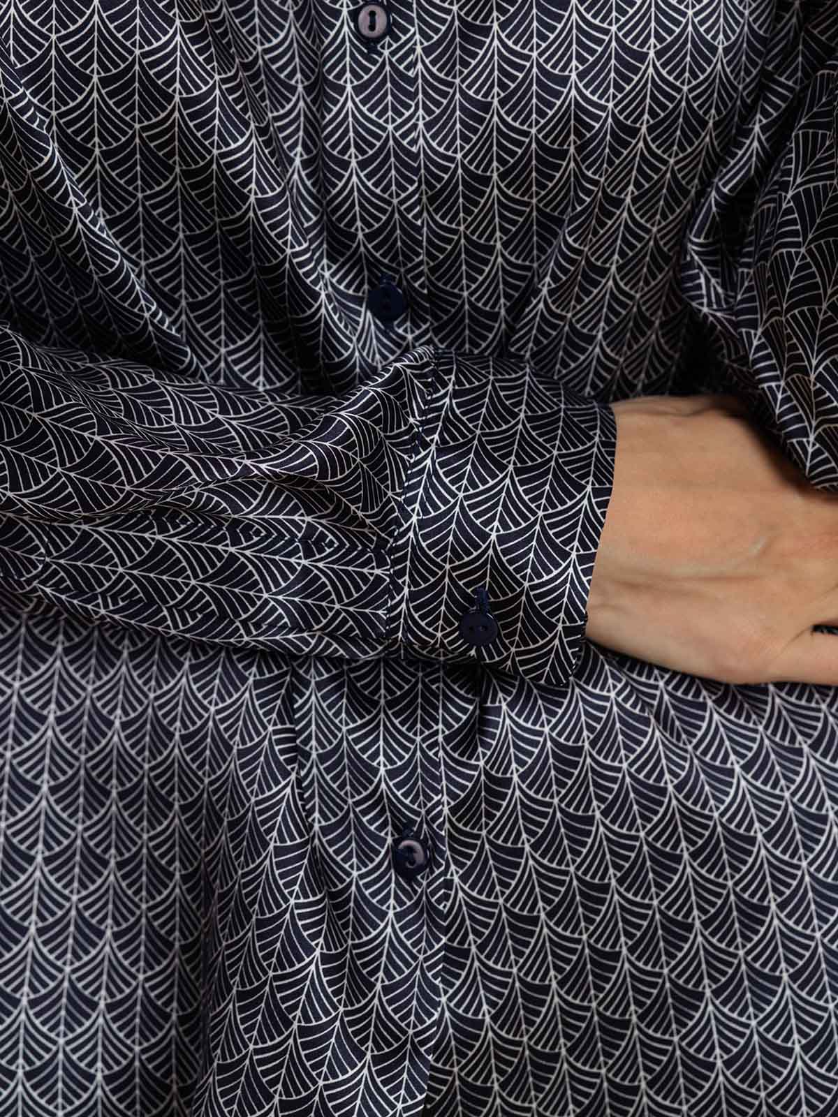 [Navy Ginkgo] SilkSilky-CA Silk Lapel Collar Women's Shirt 004