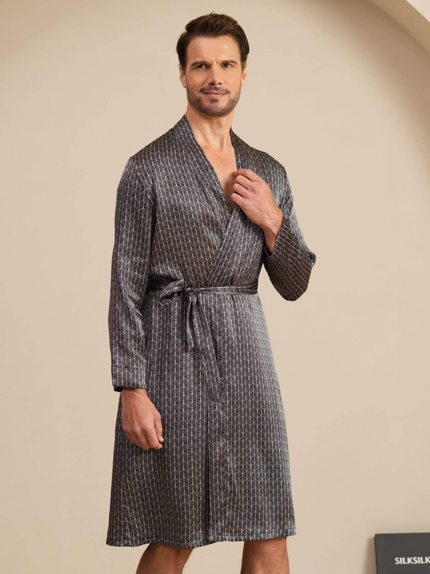 [Black Ginkgo] SilkSilky-CA Long Sleeve V Neck Men's Robe 002