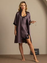 [Purple Gray] SilkSilky-CA Half Sleeve V Neck Nightgown&Robe Set 003