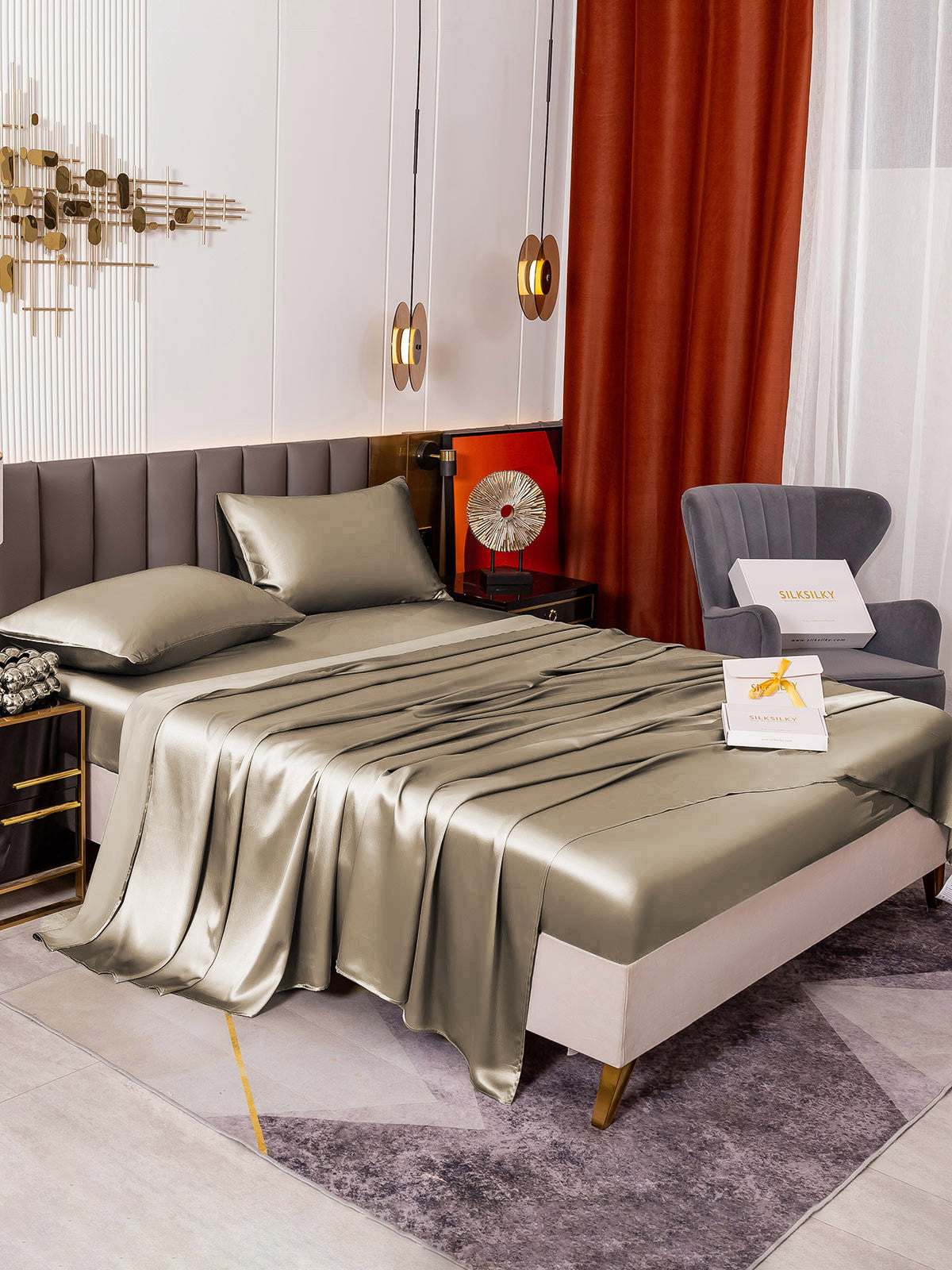[Khaki] SilkSilky-CA 19Momme Pure Silk Bedding Set 001