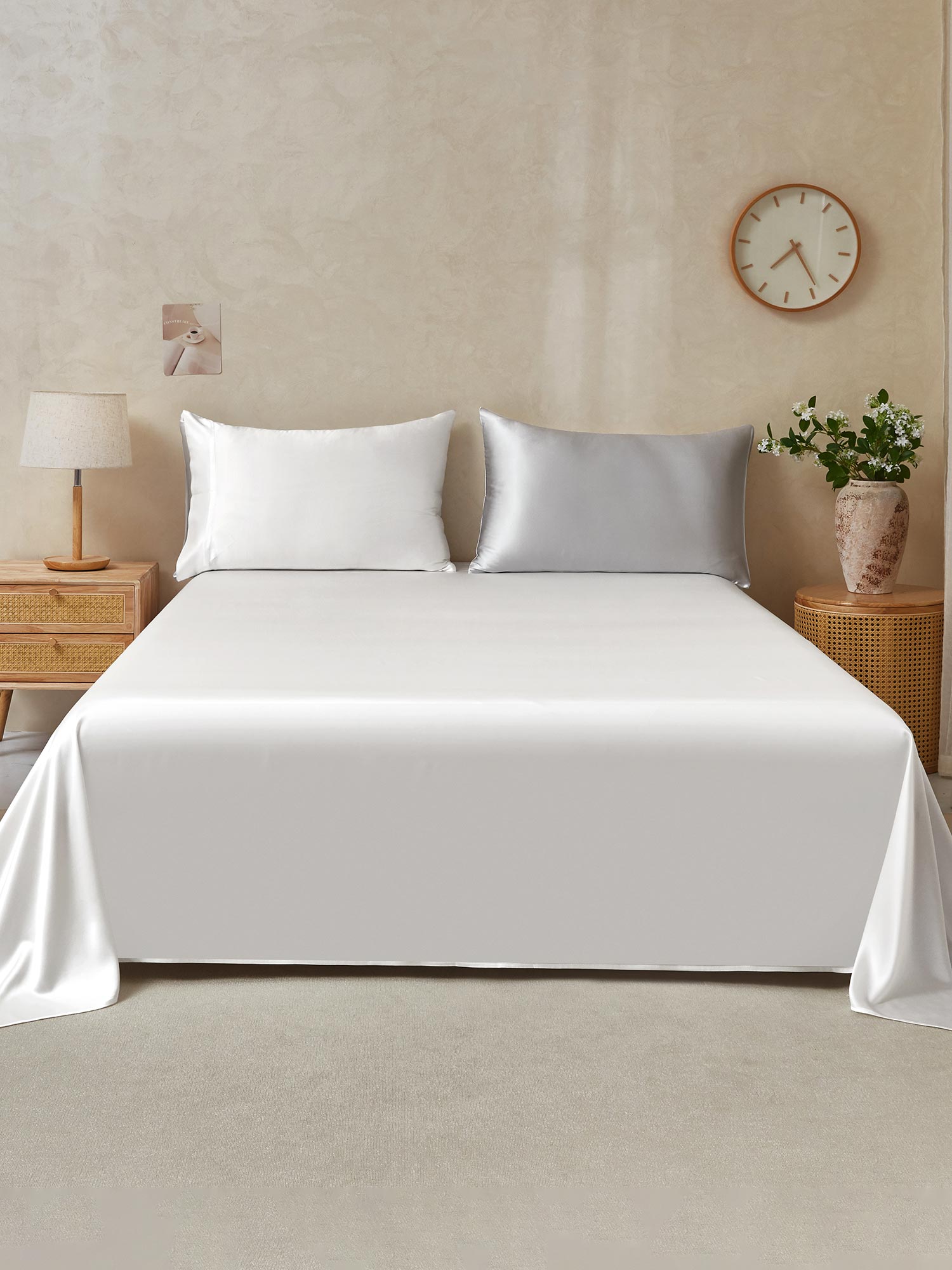 [LightGray+White] SilkSilky-CA 22Momme Pure Silk Bedding Set 001,