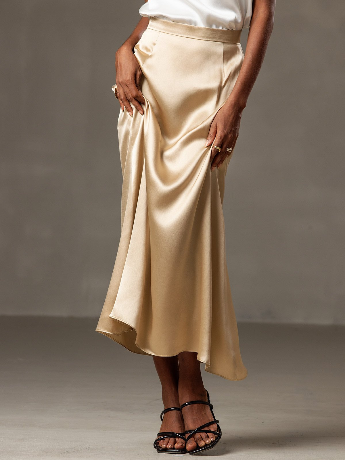 [Champagne] SilkSilky-CA 19Momme Stretch Silk Charmeuse Skirt 002