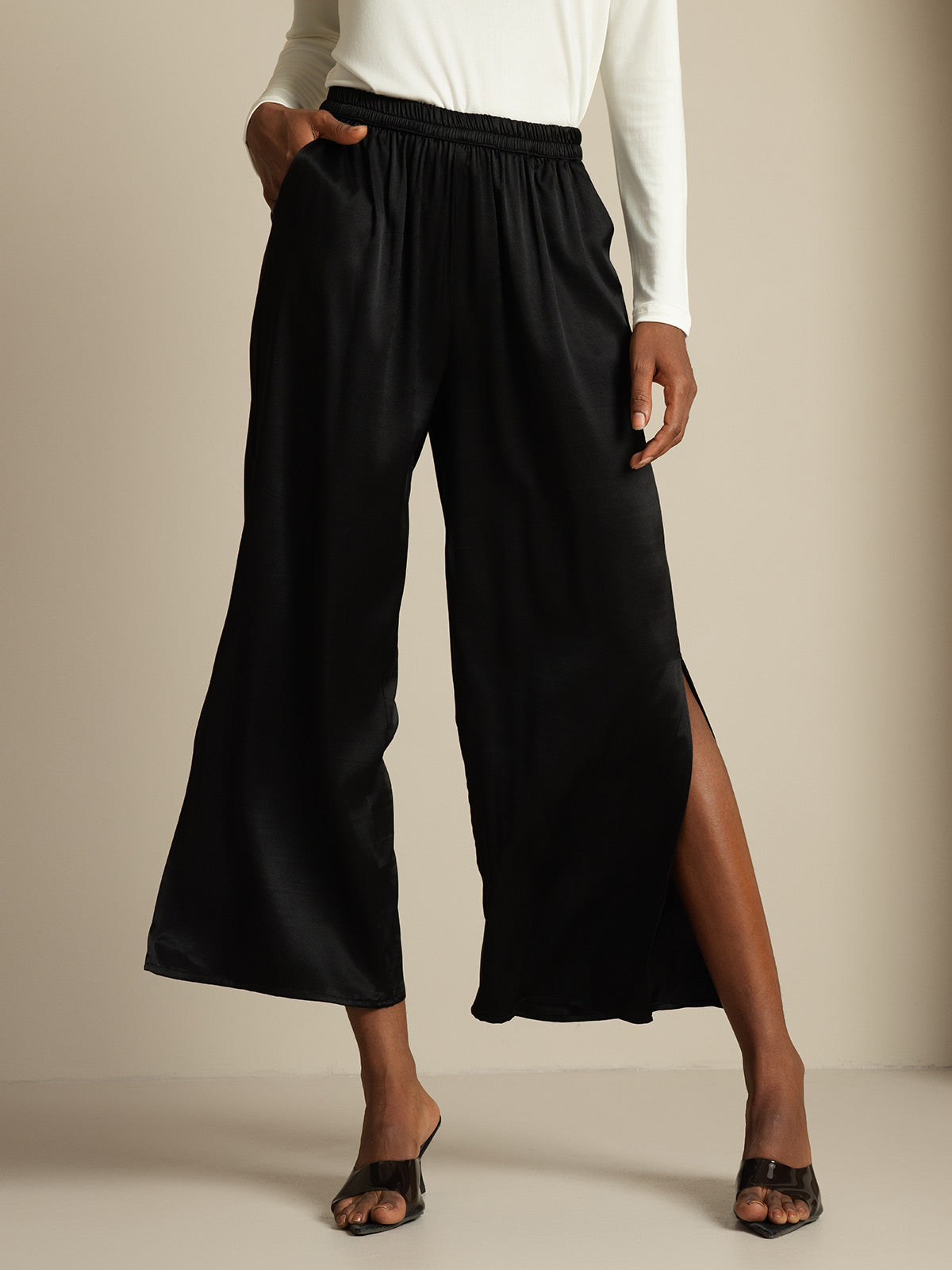 [Black] SilkSilky-CA 19Momme Silk Split Women's Pants 001
