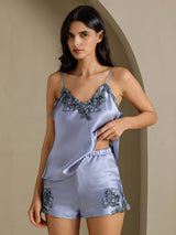 [Steel Blue] SilkSilky-CA Spaghetti Strap V Neck Camisole Set 001