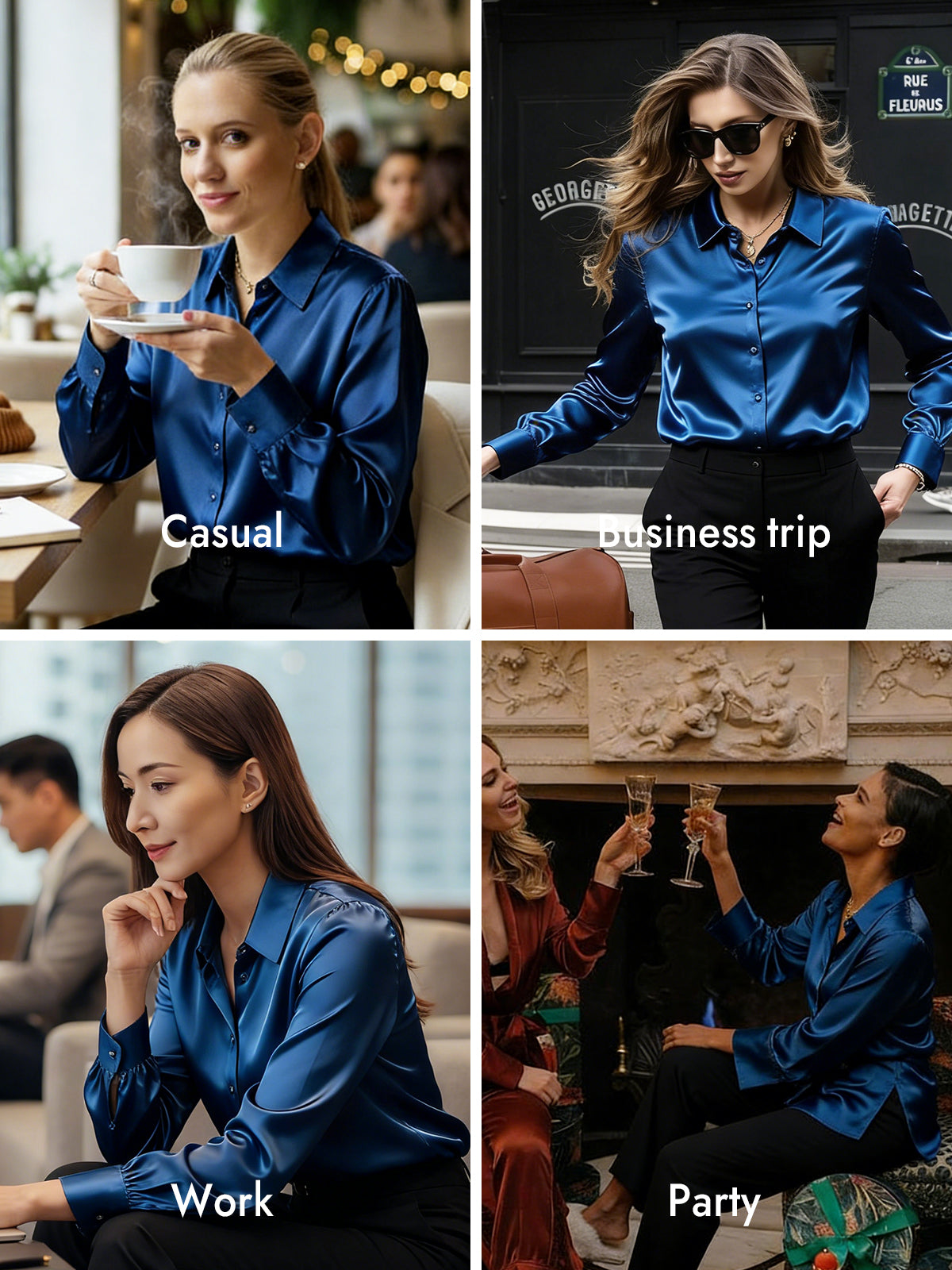 [Teal] SilkSilky-CA Silk Long Sleeve Lapel Collar Women's Shirt 009