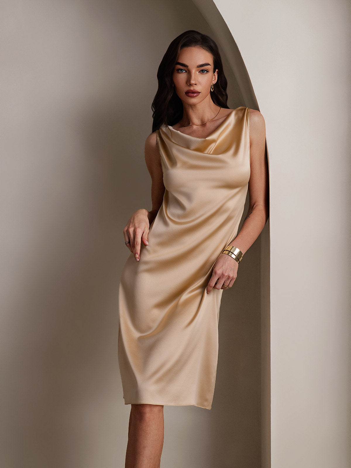 [Champagne] SilkSilky-CA 19Momme Silk Cowl Neck Dress 001