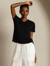 [Black] SilkSilky-CA 100% High-Twist Silk Jersey Short Sleeve V Neck Women's T-Shirt 005
