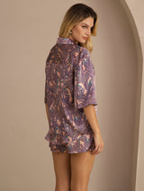 [Pink Palm] SilkSilky-CA Half Sleeve Lapel Collar Women's Pajamas 002