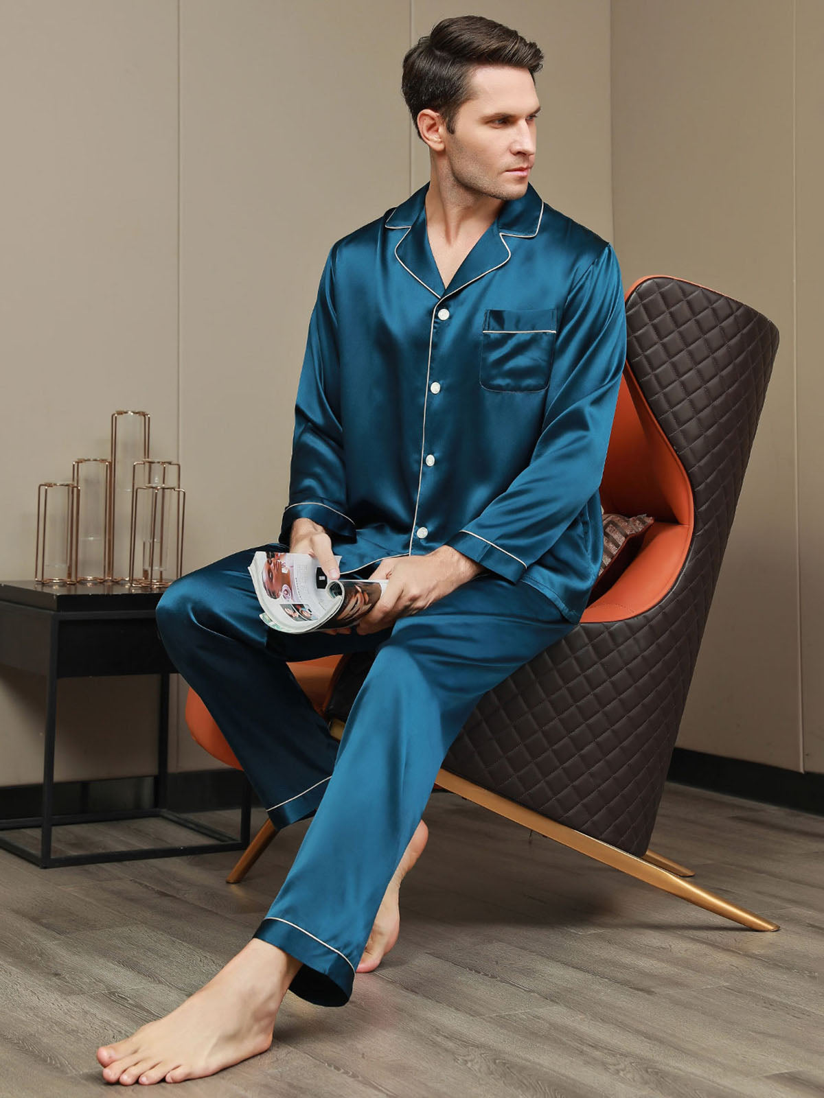 SilkSilky CA 19Momme Pure Silk Long Sleeve Lapel Men's Pajamas Teal 007