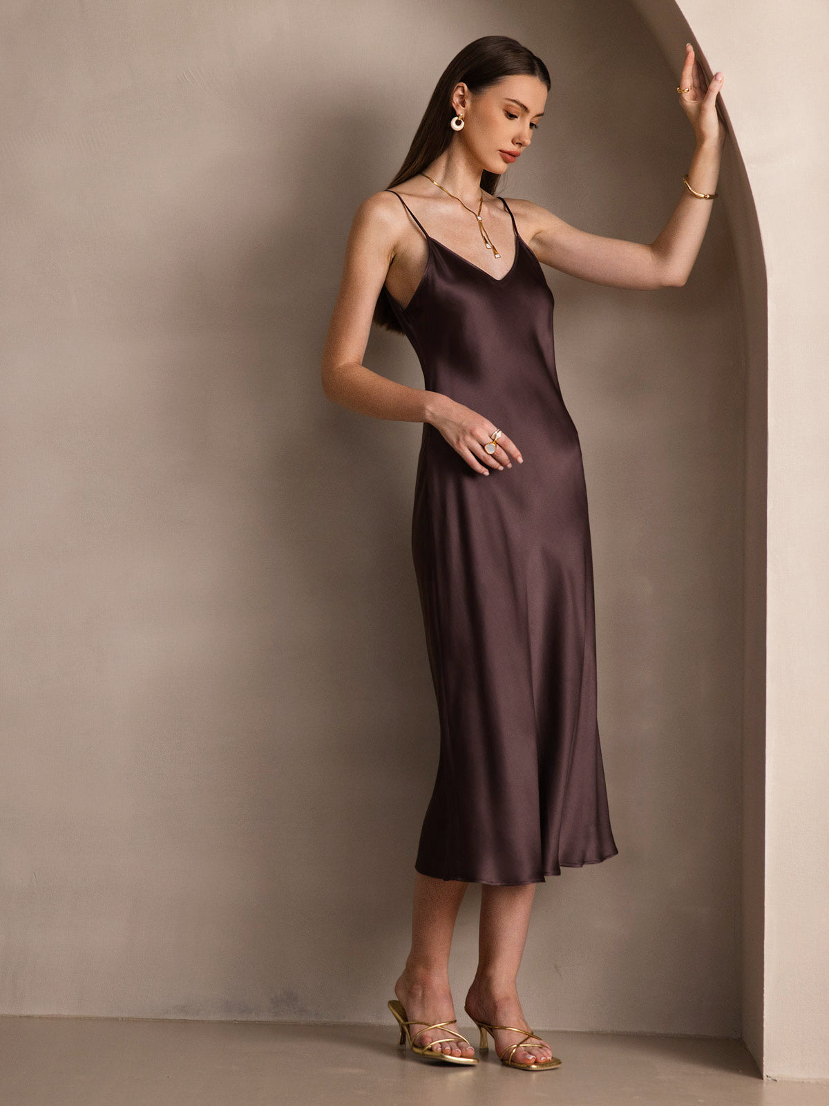[Coffee] SilkSilky-CA Pure Silk Round Neck Dress 008