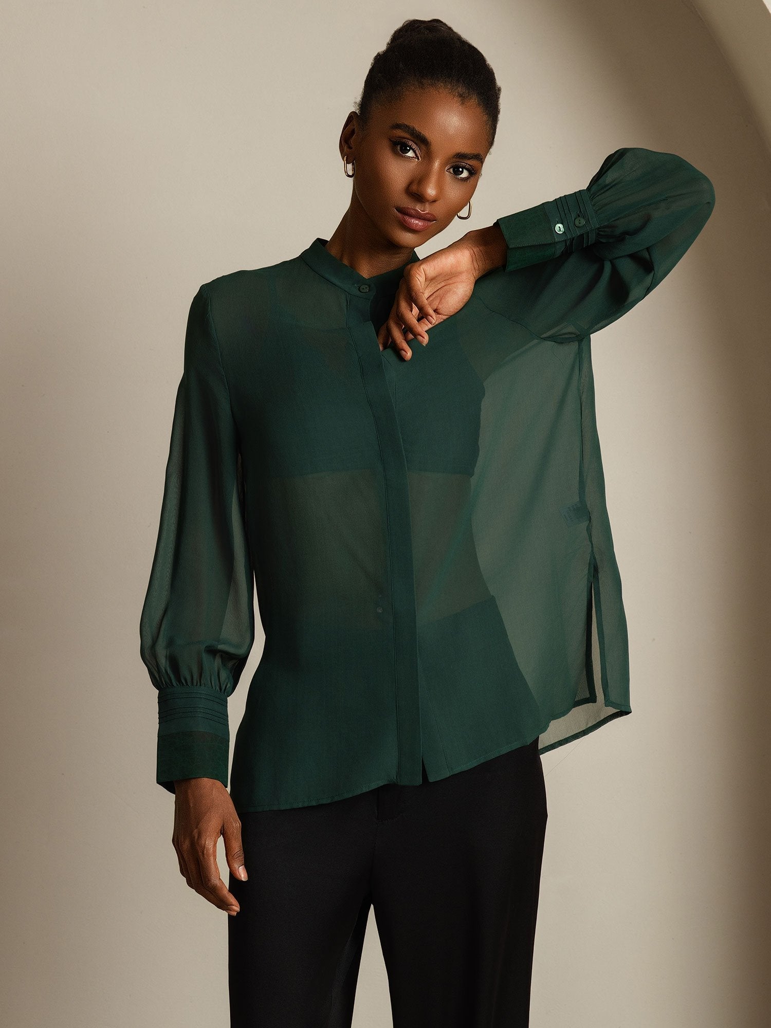 [Dark Green] SilkSilky-CA Pure Silk Split Women's Shirt 008