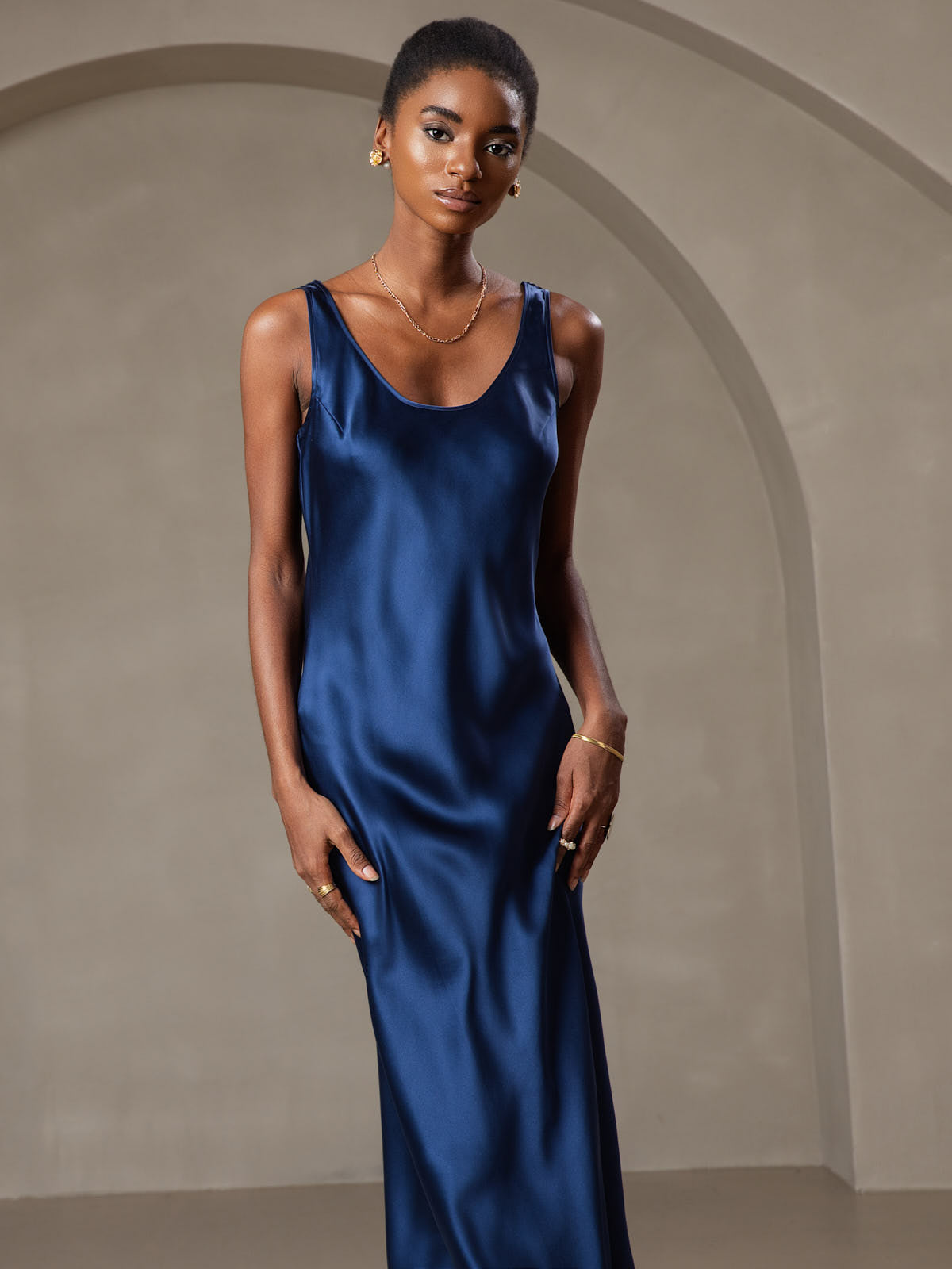 [Dark Blue] SilkSilky-CA Pure Silk Boat Neck Dress 003