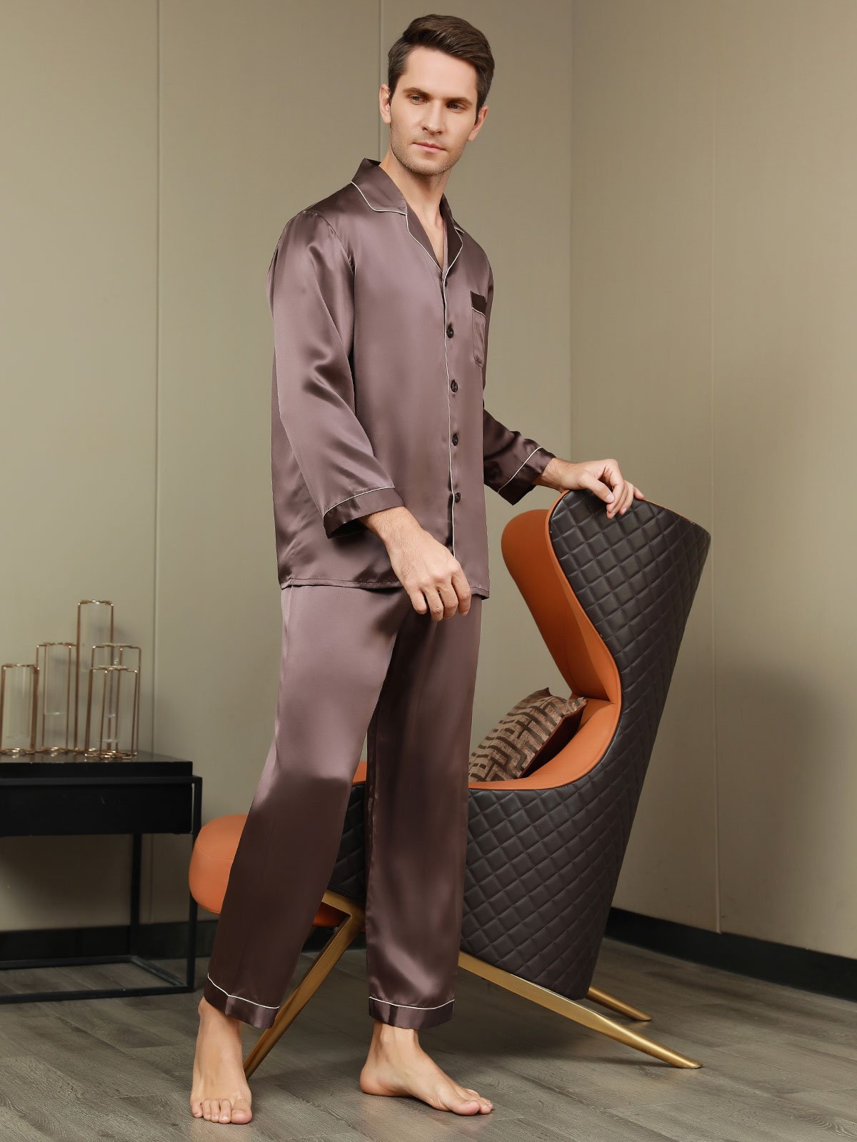 SilkSilky-CA Pure Silk Long Sleeve Lapel Men's Pajamas Coffee 005