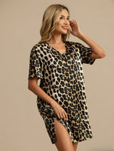 [Leopard] SilkSilky-CA Pure Silk Short Sleeve V Neck Nightgown 003