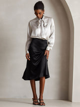 [Light Gray] SilkSilky-CA 19Momme Stretch Silk Charmeuse Long Sleeve Tie Neck Blouse 007