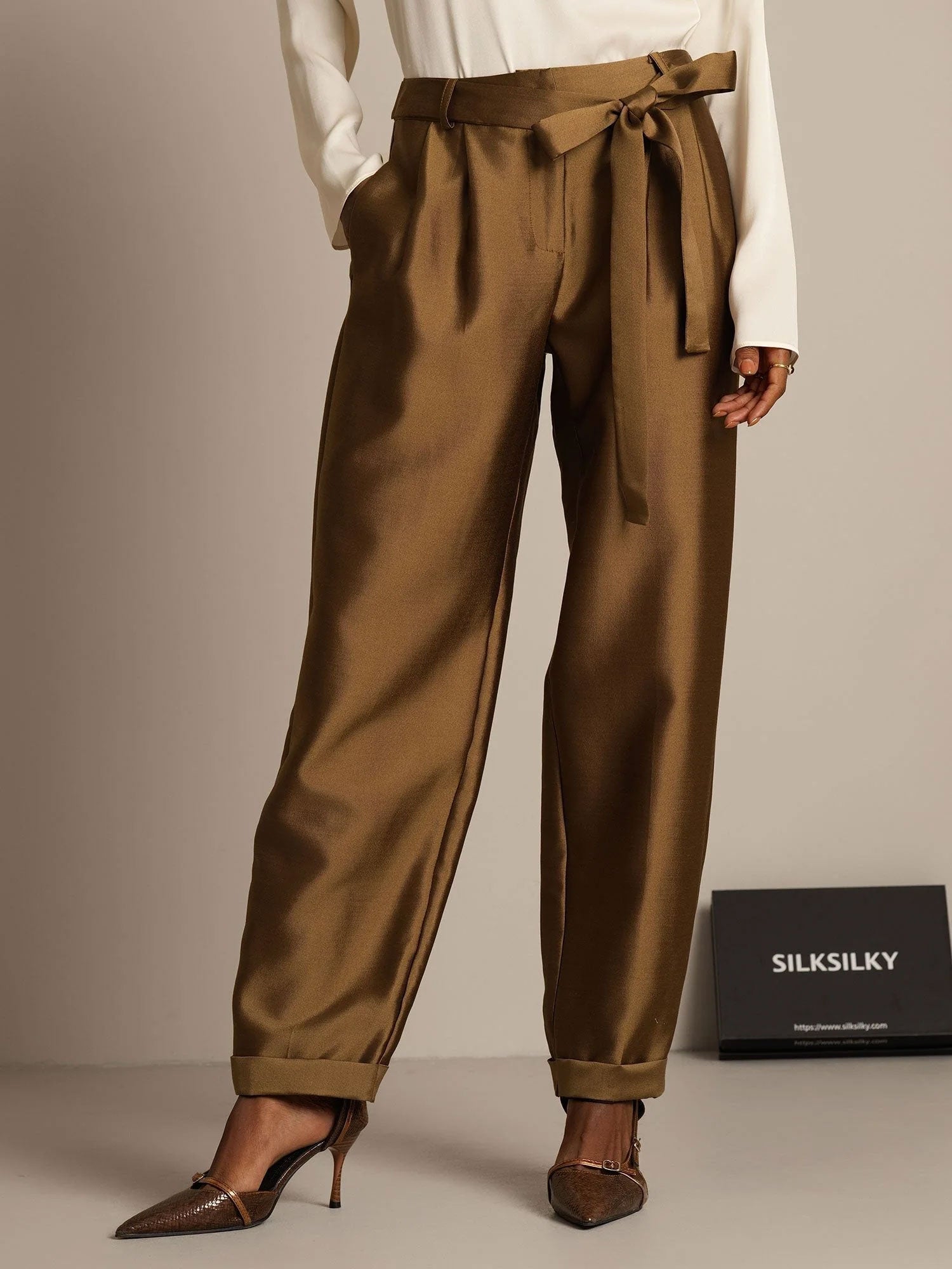 [Bronze] SilkSilky-CA 32Momme Silk-Wool Blend Womens Pants 001,