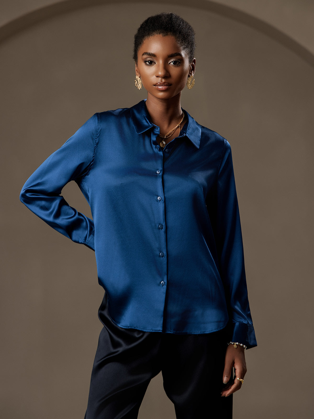 SilkSilky-CA Silk Long Sleeve Collar Women's Shirt Teal 001