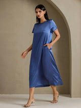 [Real Teal] SilkSilky-CA Short Sleeve Crew Neck Dress 001