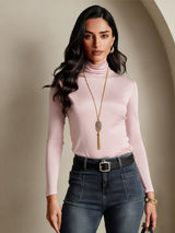 [Coral Pink] SilkSilky-CA Silk Jersey Long Sleeve Turtle Neck Women's T-Shirt 003
