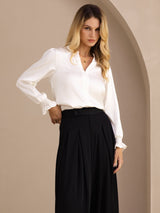 [White] SilkSilky-CA Long Sleeve Split Women's Blouse 004
