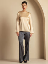 [Champagne] SilkSilky-CA Long Sleeve Boat Neck Blouse 007