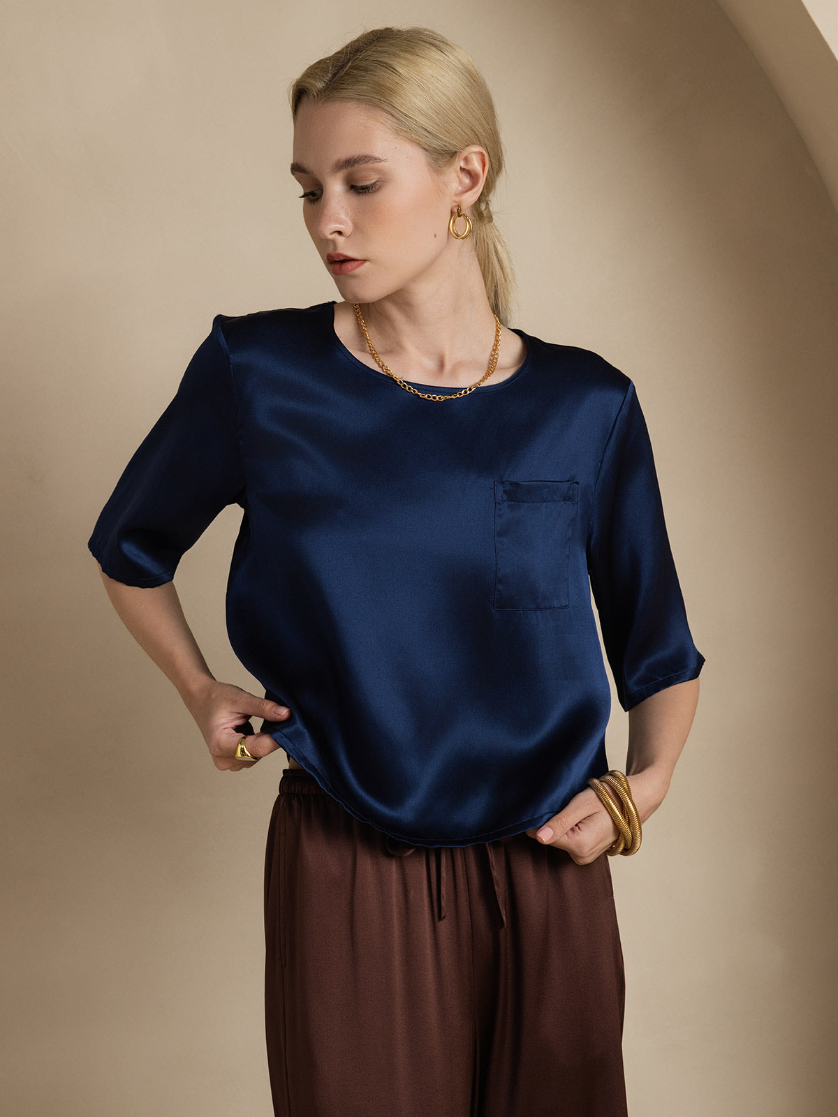 [Dark Blue] SilkSilky-CA Pure Silk Boat Neck Women's T-Shirt 005
