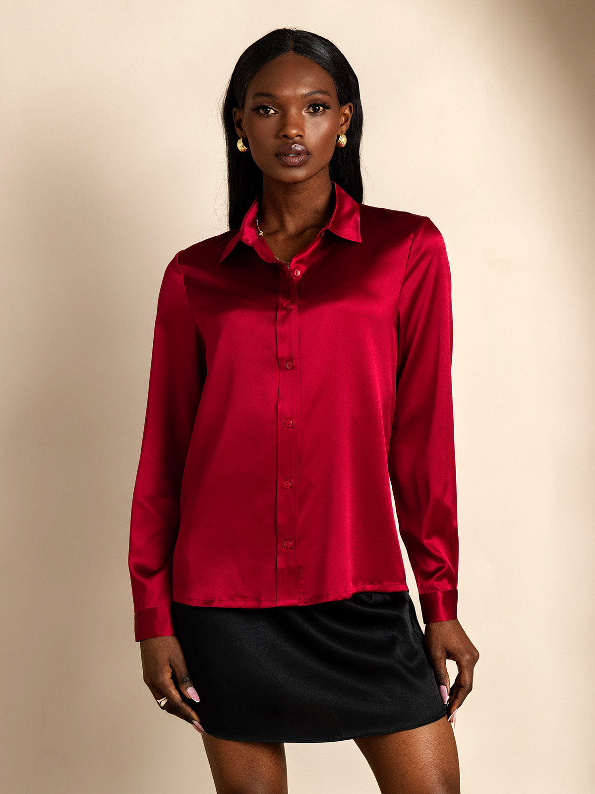 SilkSilky-CA 19Momme Silk Long Sleeve Collar Women's Shirt Wine 001