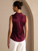 [Dark Red] SilkSilky-CA Sleeveless Lapel Collar Women's Shirt 002