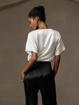 [White] SilkSilky-CA Short Sleeve Cowl Neck Women's Blouse 002