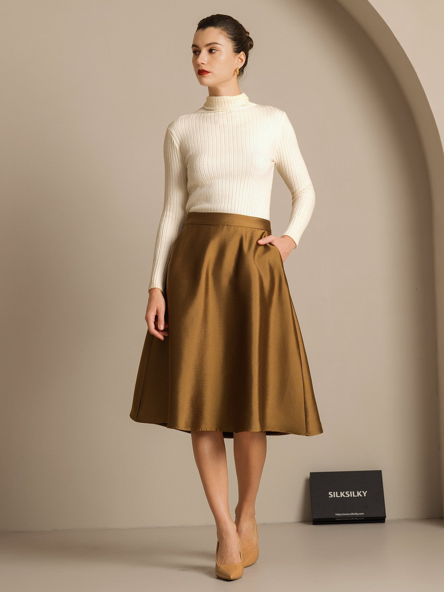 [Bronze] SilkSilky-CA 32Momme Silk-Wool Blend Skirt 005,