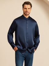 [Dark Blue] SilkSilky-CA Long Sleeve Stand Collar Men''s Shirt 004