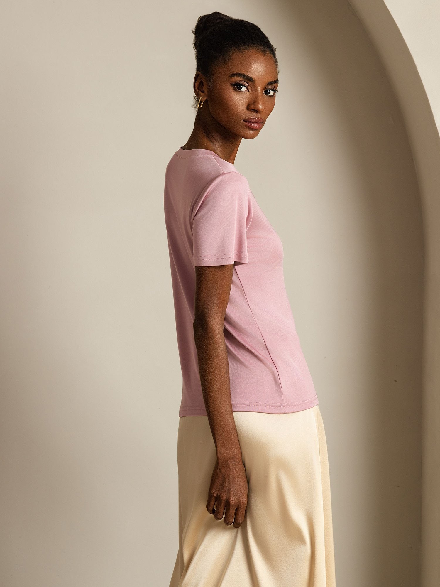 [PaleMauve] SilkSilky-CA Pure Silk V Neck Women's T-Shirt 006