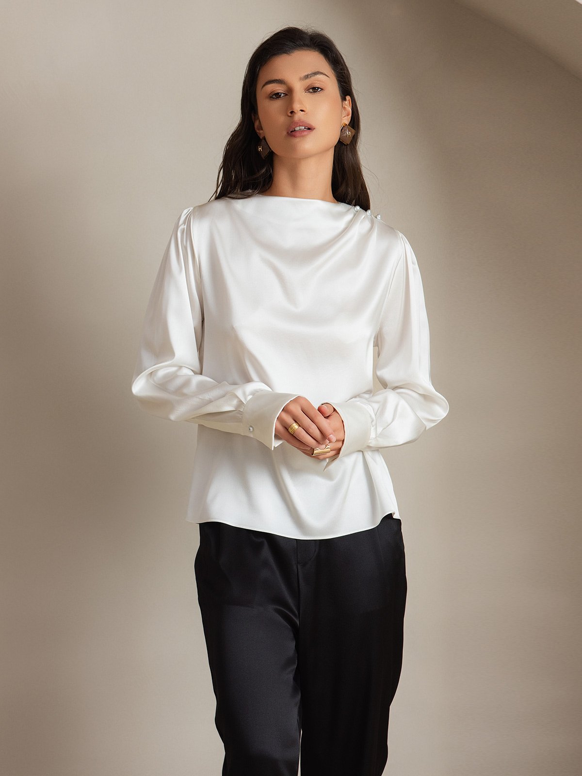 [White] SilkSilky-CA 19Momme Silk Boat Neck Women's Shirt 005