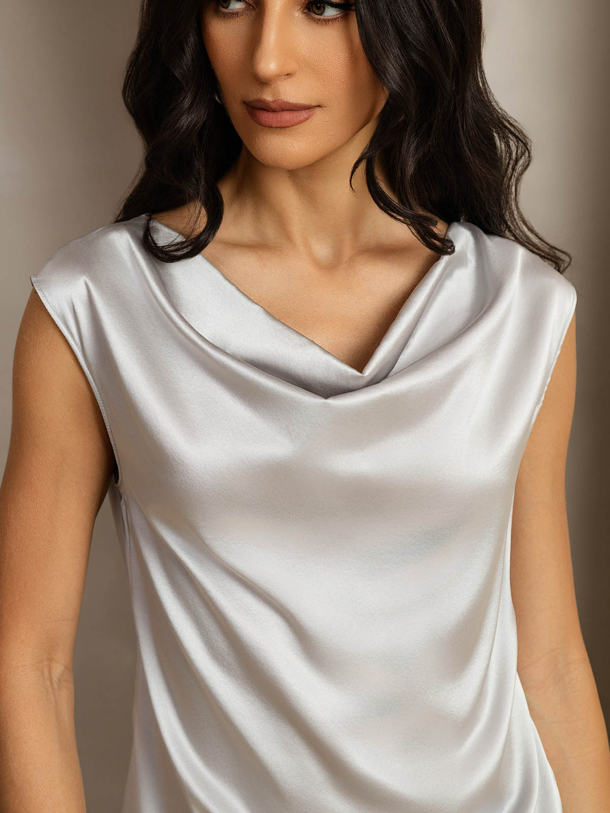 [Silver] SilkSilky-CA 19Momme Silk Cap Sleeve Cowl Neck Women's T-Shirt 005