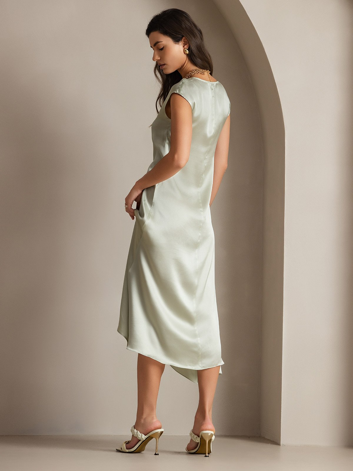 [Light Green] SilkSilky-CA 19Momme Silk Cap Sleeve Round Neck Dress 002