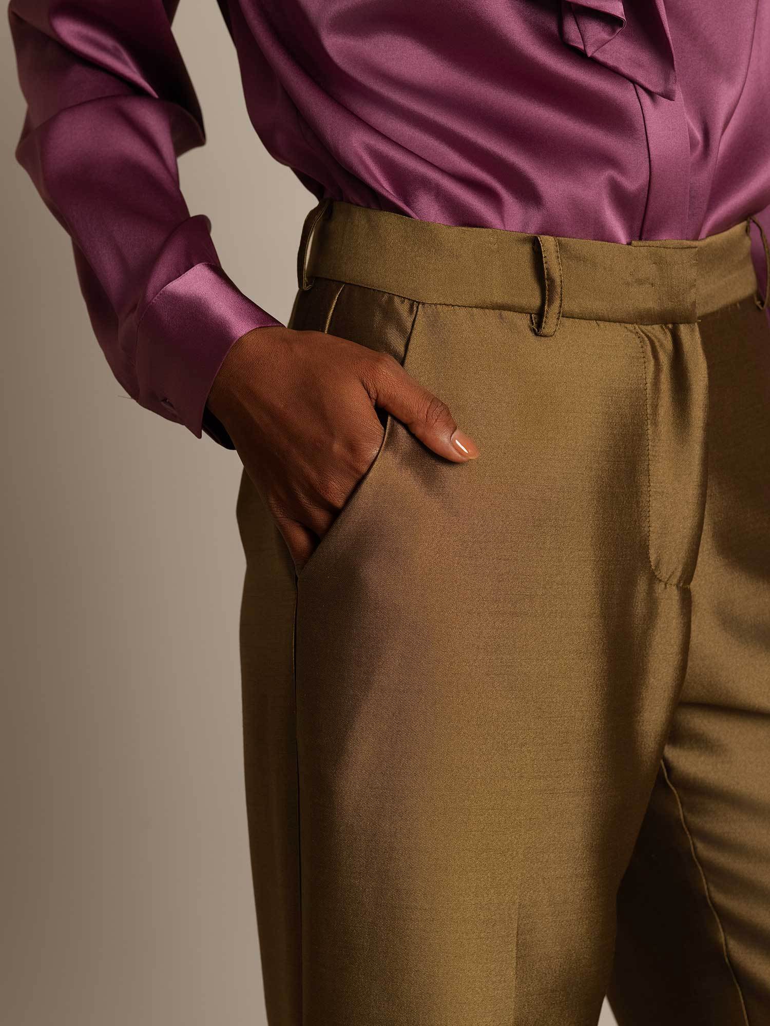 [Bronze] SilkSilky-CA 32Momme Silk-Wool Blend Womens Pants 004,
